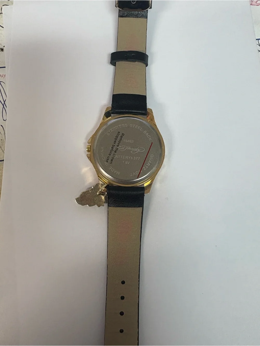 Ed Hardy Black Strap Watch with Floral Dial and Pink Details